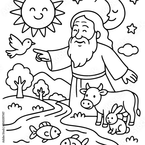 Creation: Depicting a benevolent figure overseeing a verdant landscape, a dove soars, and animals gather, it's a scene of divine creation and harmony.