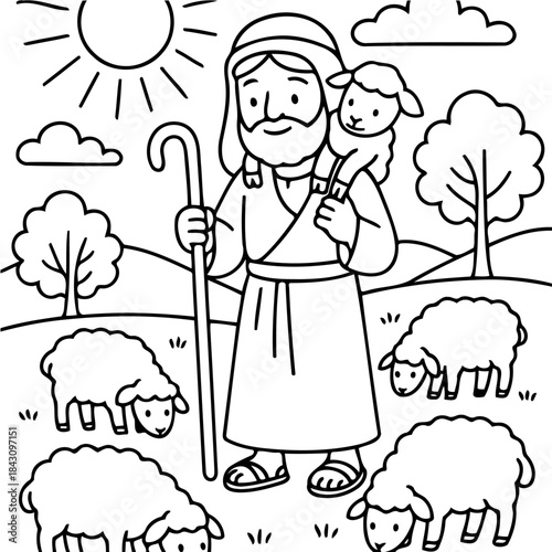 Shepherd and Sheep: In this tender portrayal, a kind shepherd carries a gentle lamb, surrounded by his flock in a serene, idyllic landscape.
