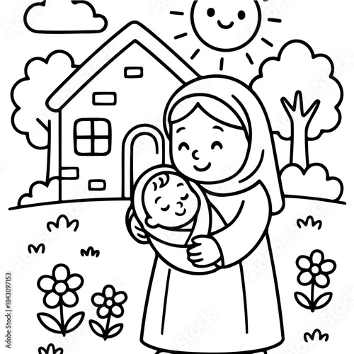 Mother and Child's Warmth: An endearing illustration shows a mother tenderly cradling her baby, embodying love and care, surrounded by a nurturing environment.