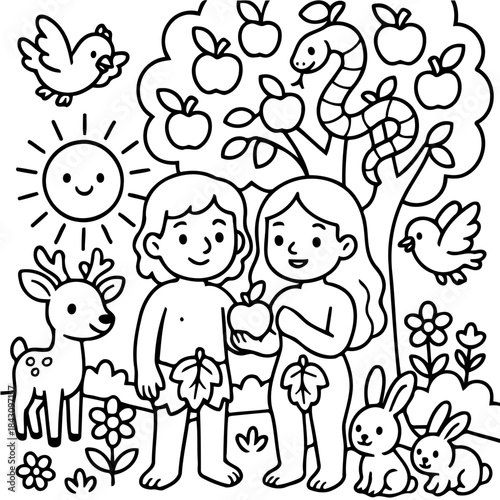 Original Sin: Depicting Adam and Eve's fateful decision in the Garden of Eden, this illustration portrays the biblical tale with charm and innocence.