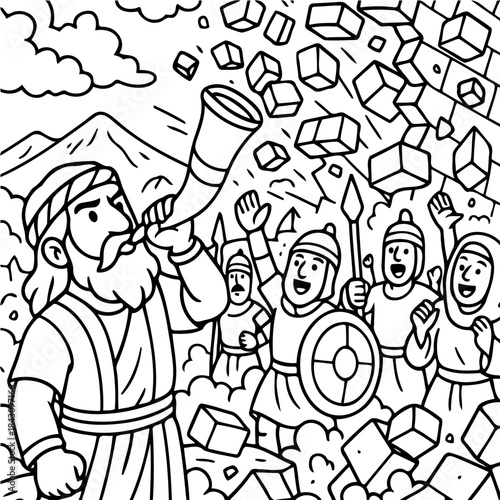 The Walls of Jericho Falling: An illustration of a biblical scene where a figure blows a horn, symbolizing a pivotal moment of faith and divine intervention.