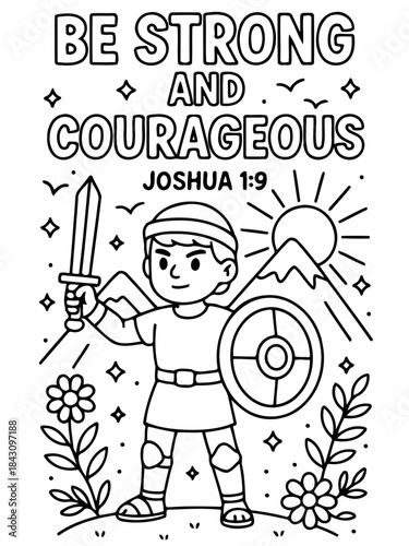 Inspirational Cartoon Illustration: A determined cartoon character, sword in hand, embodies strength and courage, surrounded by a serene landscape and uplifting text that inspires and motivates.