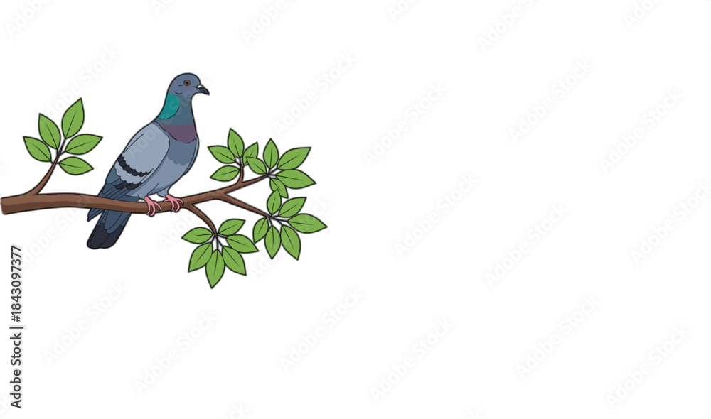 Obraz premium Detailed illustration of a blue-gray pigeon (rock dove) bird, standing on a brown tree branch with vibrant green leaves