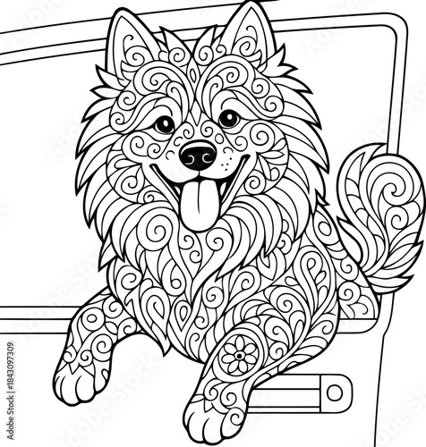 Whimsical Canine Car Ride: This charming illustration shows a playful dog peeking out of a car window, its intricate patterns add a touch of artistic flair to the image.