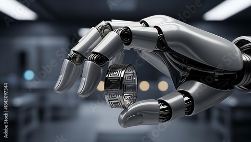 Metallic robotic hand delicately holding a geometrically patterned ring