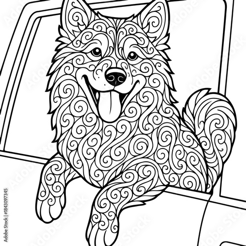 Joyride Pup: A happy canine embarks on a joyful car ride, gazing from the open window. The dog's playful expression, coupled with the flowing design, evoke a sense of freedom, happiness.