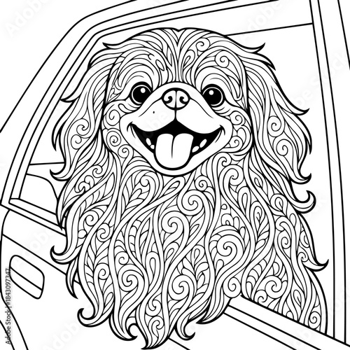 Dog's Car Ride: A cheerful dog peeks out of a car window, showcasing a unique illustration style, with a sense of adventure.
