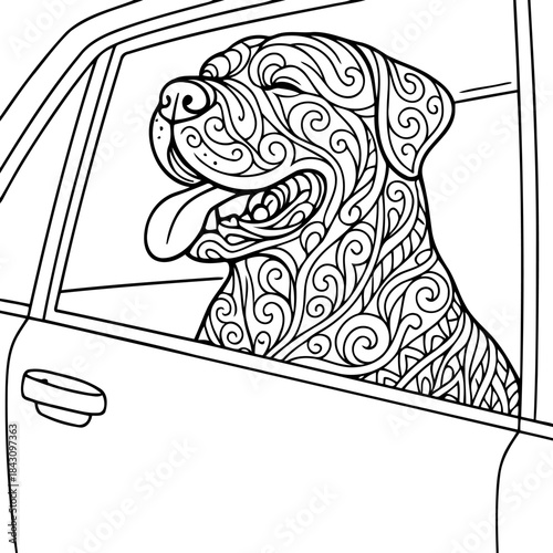 Traveling Companion: An intricately designed dog with decorative patterns, contentedly peers out the window of a vehicle, enjoying the sights and sounds of the journey.