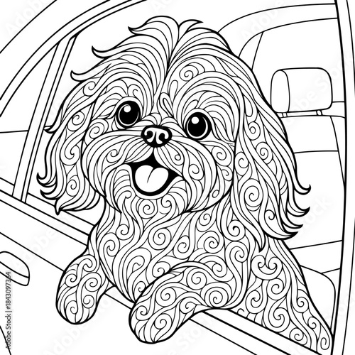 Playful Pup's Joyride: A cute pup, depicted in an illustration, excitedly peeks out of a car window, enjoying the ride with pure glee and anticipation.