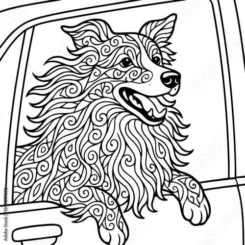 Car Ride Adventure: A joyful dog, with an intricate pattern, hangs out the car window, relishing the thrill of the open road and the freedom of the ride.