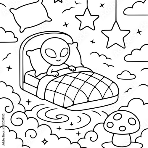Alien's Dreamtime Journey: An extraterrestrial being reclines in a cozy bed, surrounded by whimsical clouds, stars, and celestial elements, conjuring a dreamlike experience.