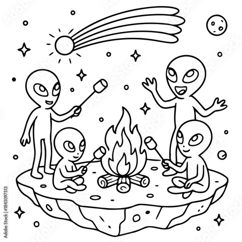 Extraterrestrial Campfire: A delightful scene of extraterrestrial beings gathered around a campfire, roasting marshmallows beneath the cosmic canopy. 