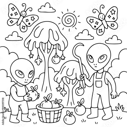 Alien Orchard Adventure: Two otherworldly beings harvest a bountiful orchard, as butterflies dance amidst the playful arrangement. This playful scene will captivate children