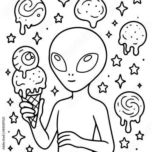 Alien with Ice Cream: An extraterrestrial being with big eyes holds a delicious ice cream cone. surrounded by stars and otherworldly treats in a whimsical illustration.