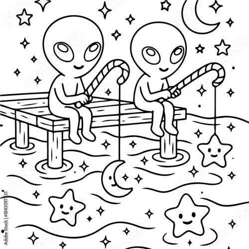 Cosmic Catch: Two whimsical aliens sitting on a dock, fishing in a sea of stars and the moon, capturing a unique blend of extraterrestrial charm and imagination.