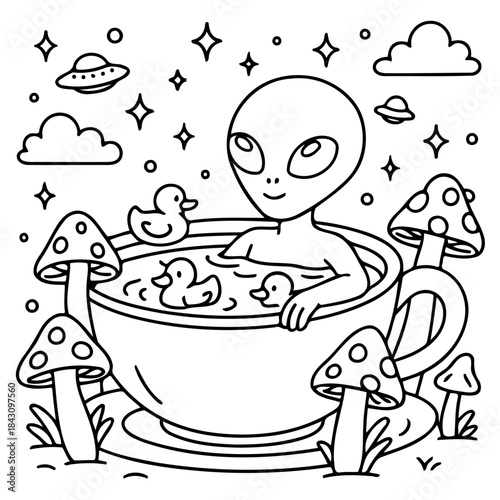 Alien in a Teacup Bathtub: A friendly alien relaxes in a teacup filled with water, surrounded by whimsical mushrooms and rubber ducks, beneath a starry sky filled with flying saucers.
