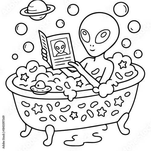 Alien's Relaxing Bath: An extraterrestrial being enjoys a moment of leisure in a cozy bathtub, engrossed in reading while surrounded by bubbles.