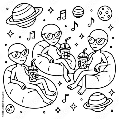 Alien Relaxation: Three extraterrestrial beings in sunglasses unwind on comfy chairs, sipping beverages in a cosmic setting, surrounded by musical notes and planets.