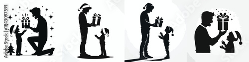 vector of a father giving a christmas gift to a little boy