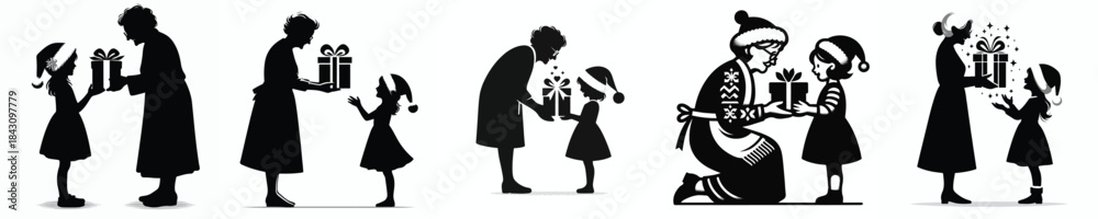 Fototapeta premium vector of grandmother giving a christmas gift to a grandchild