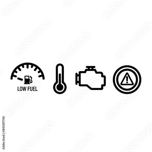 Set of four black car dashboard warning light icons - low fuel, temperature, check engine, and alert.