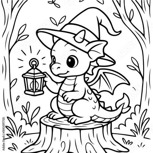Whimsical Dragon: An adorable dragon perched atop a tree stump in a lush woodland, wearing a pointed hat and carrying a glowing lantern, the scene evokes a sense of enchantment and fantasy.