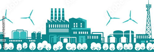 Industrial cityscape illustration, factory buildings, wind turbines, renewable energy, green trees, urban infrastructure, sustainable development, stylized sketch, eco-friendly industry, clean power