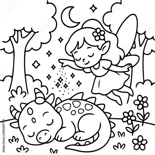 Dreamland Guardian: A whimsical illustration of a sweet fairy gently sprinkling magical dust onto a sleeping dragon in a mystical forest under the moonlight. 