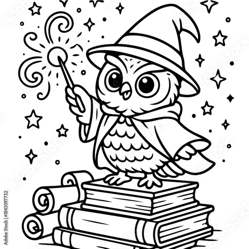 Wizard Owl's Enchantment: An adorable owl dons a wizard's attire, perched atop a stack of spell books. wielding a wand to cast a magical sparkle that brightens the night sky.