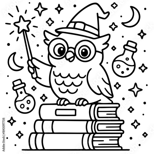 Wise Owl's Magical Study: An adorable owl dons a wizard's hat, perched atop a stack of books, and wielding a star-tipped wand, all under a starry night sky. The image evokes a sense of enchantment.