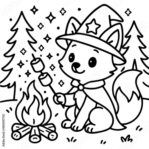 Fox's Campfire Magic: A whimsical fox, adorned in a wizard's hat and cloak, roasts marshmallows over a crackling campfire, framed by whimsical stars and towering trees.