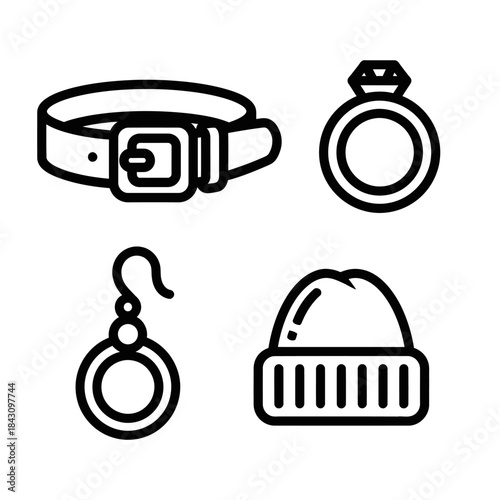 Set of four black outline fashion accessories icons - belt, diamond ring, hoop earring, and beanie hat.