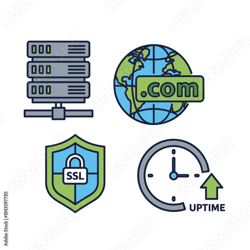 Set of Four Colorful Digital Icons Representing Web Hosting and Internet Concepts.
