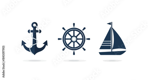 Set of three dark blue nautical icons - a stylized anchor, ships wheel, and simple sailboat.