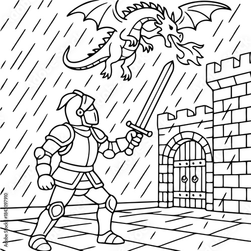 Knight's Clash: An illustration capturing a knight bracing for a fiery showdown with a dragon in a medieval setting, highlighting the knight's courage and determination.