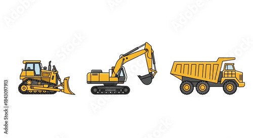 Set of three yellow construction vehicles - bulldozer, tracked excavator, and dump truck, heavy machinery.