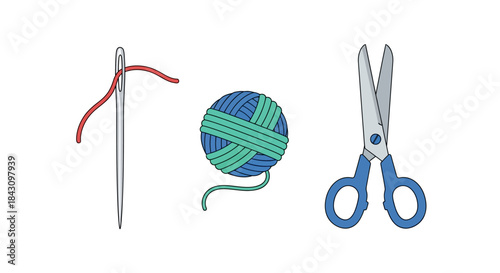 Sewing needle with red thread, striped yarn ball, and open blue-handled scissors for crafting.