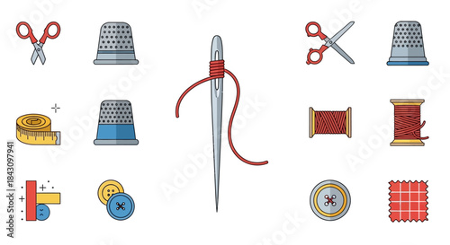 Sewing tools collection - needle, thread, thimble, scissors, buttons, measuring tape, and spool.