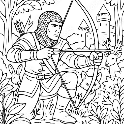 Archer in the Forest: A determined archer aims his bow amidst a mystical forest scene, with a castle in the background, surrounded by nature and animals, ready to embark on a legendary quest.