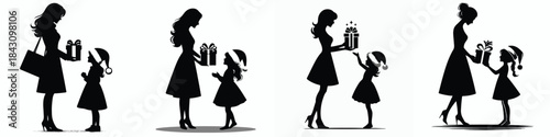 vector of a mother giving a christmas gift to a little girl