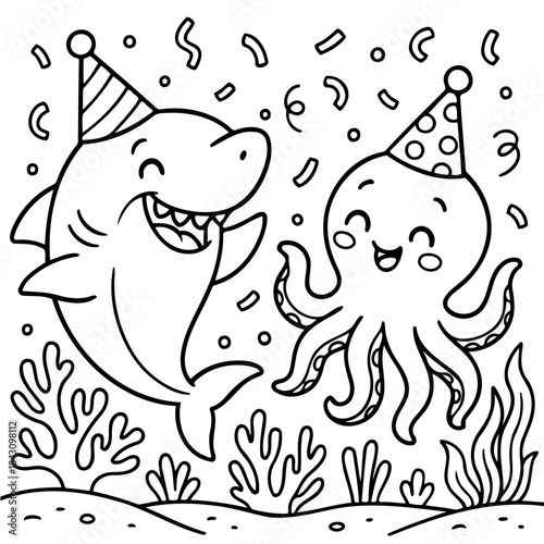 Party Animals: An adorable black and white illustration of a shark and an octopus joyfully celebrating with party hats and confetti, perfect for coloring and adding a splash of creativity. 