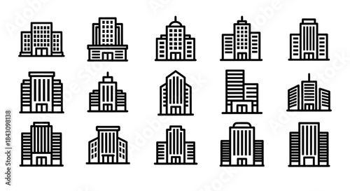 Set of black line art icons depicting various modern office buildings and skyscrapers.