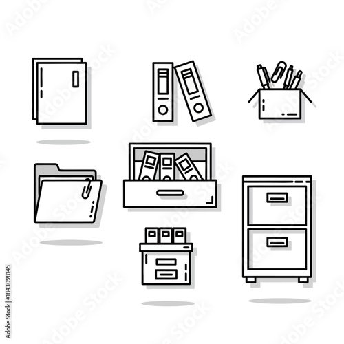 Set of black line art office supply icons for filing and organization, featuring a hand-drawn doodle style with grey shadows.