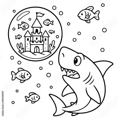 Dreamy Underwater Fantasy: A whimsical scene unfolds as a cartoon shark gazes in wonder at a sand castle within a bubble, surrounded by playful fish and bubbles.