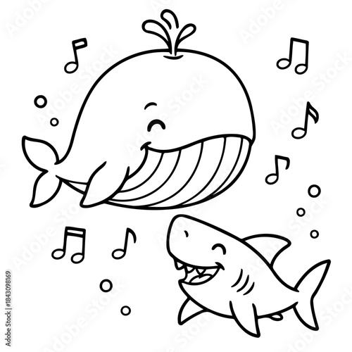 Playful Aquatic Melody: A cheerful whale and shark sing a duet, accompanied by musical notes and bubbly happiness.