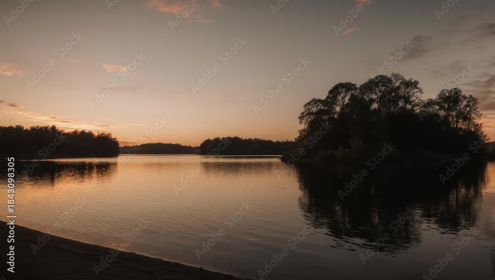 Obraz premium Serene Sunset Over Calm Lake with Silhouetted Trees and Reflective Water.