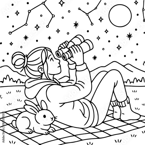 Stargazing Adventure: A young woman gazes through binoculars at the night sky, accompanied by a fluffy rabbit, under a backdrop of stars and constellations. Discovering the beauty of cosmos.