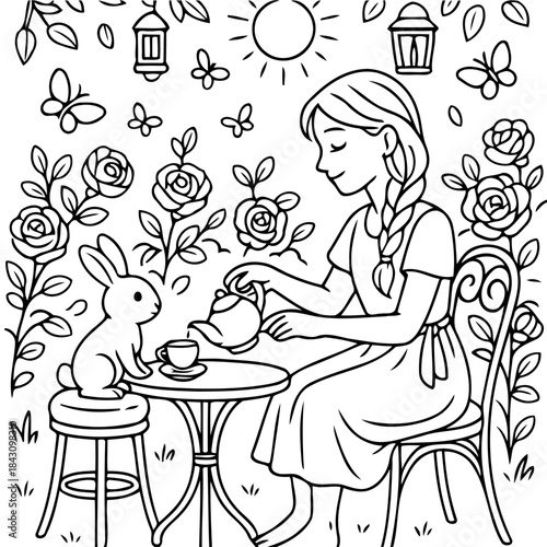 Enchanting Garden Tea Party: An illustration depicts a young lady, peacefully pouring tea for a charming rabbit amidst a blooming rose garden under a radiant sun.
