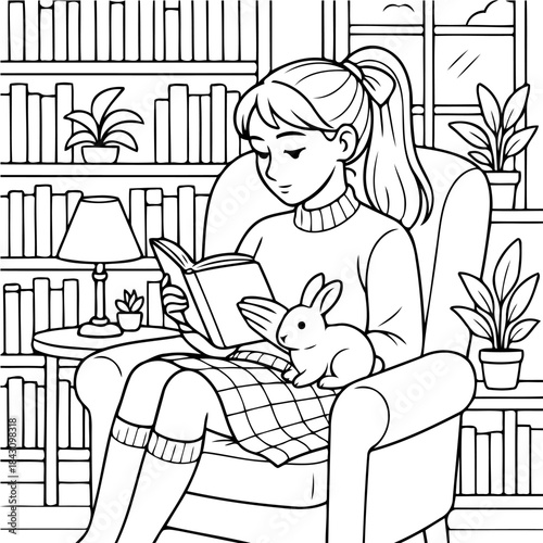 Reading Time with a Pet Bunny: A person is immersed in a book, nestled in a cozy chair in a library, while a charming bunny keeps her company. It is a moment of pure bliss and tranquility.