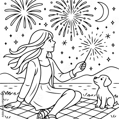 Girl and her puppy Watching Fireworks: A girl and her puppy sit on a blanket, gazing in wonder at the vibrant spectacle of fireworks illuminating the night sky. Witnessing moment of magic and marvel.